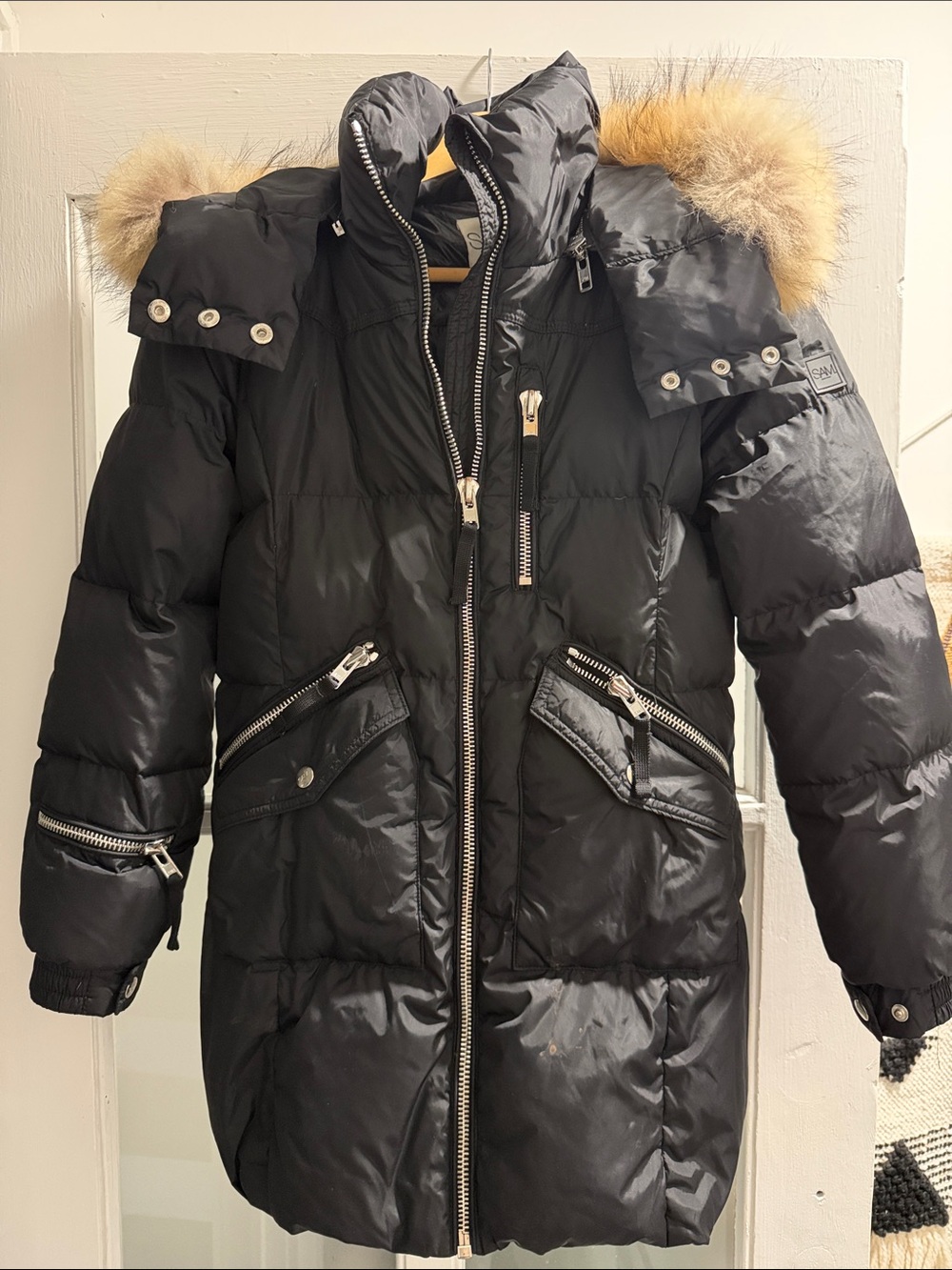 SAM black down winter coat with hood + fur size 14